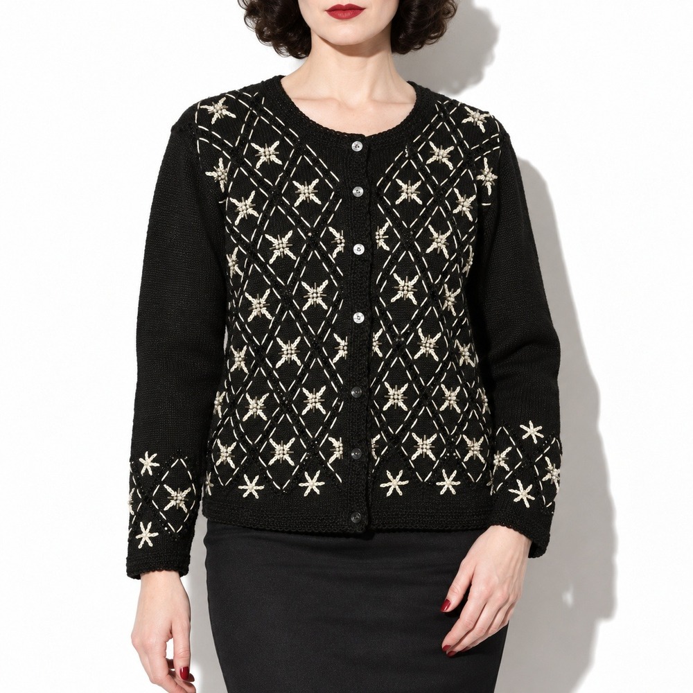 90s Vintage Beaded Embroidered Cardigan Sweater Women L Black Cottagecore Cream